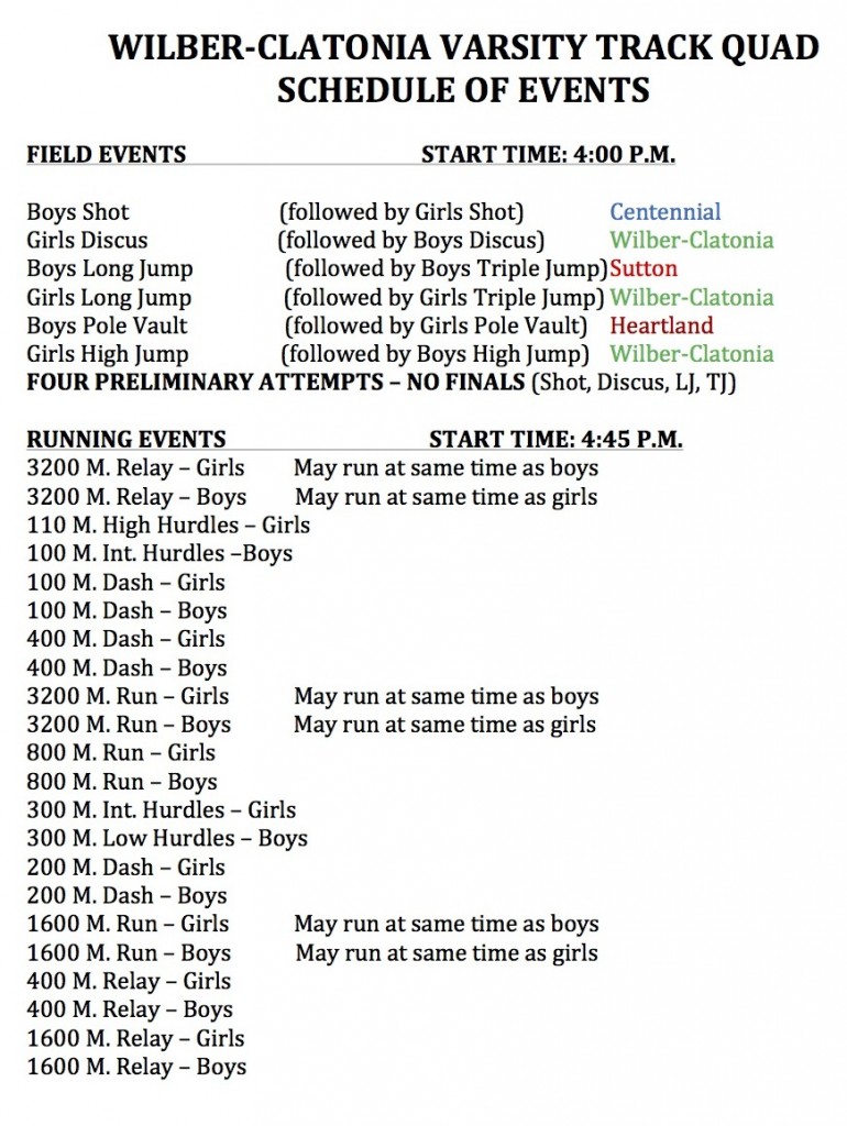 varsity TRACK QUAD SCHEDULE OF EVENTS 2013
